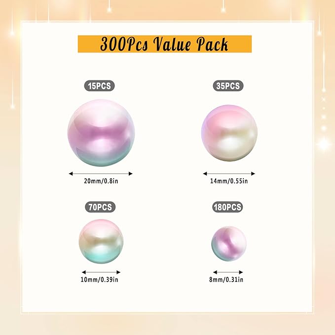 300Pcs Pearl Vase Filler, Lightpinkblue Mix No Hole Faux Pearl Beads for Centerpieces Vases, Candle Centerpieces, Wedding Birthday Party Home Decor 8/10/14/20mm