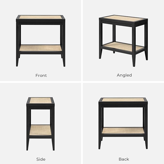 SICOTAS Rattan Nightstands Set of 2 - Boho Shelf Bedside Tables Narrow End Table Living Room Set of 2 Side Table with Rattan Storage Shelves for Small Space - Black Oak