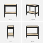 SICOTAS Rattan Nightstand Bedside Table - Farmhouse Boho Narrow Accent End Table with 2 Open Rattan Shelves for Bedroom, Living Room, Small Spaces - Black Oak