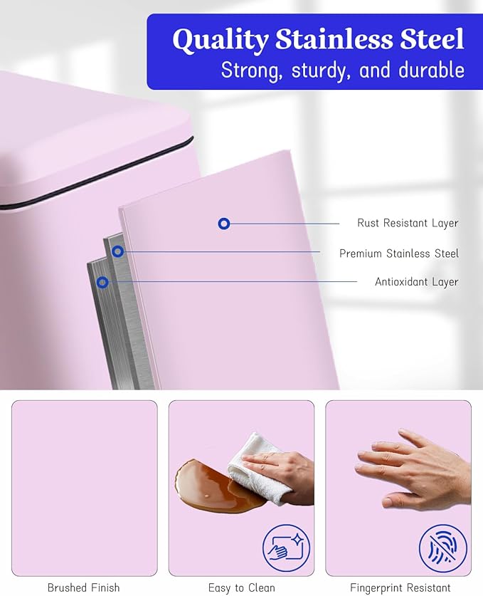 8 Gallon Step On Trash Can with Soft-Close Lid, Stainless Steel Garbage Can Fingerprint Resistant with Removal Inner Bucket, Modern Pink Trash Can for Home, Kitchen, Laundry Room, Office, Bathroom