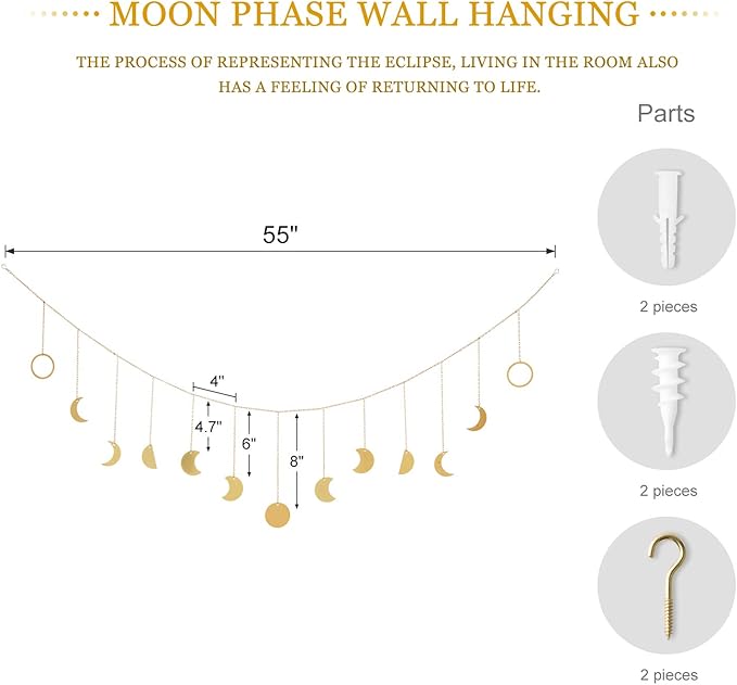 Mkono Moon Phase Wall Hanging Boho Aesthetic Room Decor Metal Moons Garland Hanging Art Bohemian Home Decoration for Girls Room Nursery Bedroom Livingroom Dorm, Ideal, Gold, 55"