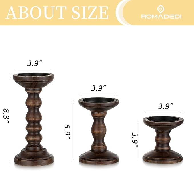Romadedi Wood Candle Holders for Pillar - Set of 3 Tall Rustic Vintage Wooden Candlestick Holder, Farmhouse Candle Stand for Fireplace Mantle Shelf Table Retro Home Decor, Dark Brown, 3.9"/6"/ 8.3"