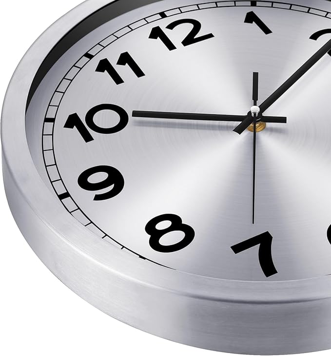 Plumeet Wall Clock, 12 Inch Battery Operated Wall Clock with Silver Aluminum Frame, Non Ticking Silent Metal Wall Clocks Decorative Kitchen Living Room Bedroom