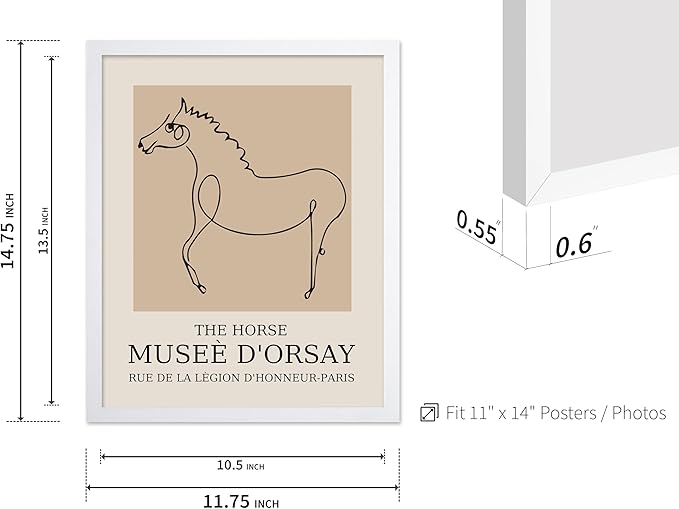 Poster Master Vintage Poster - Retro Minimalist Print - Gift for Artist, Friend - Horse, Line Drawing, Sketch, Abstract - Wall Decor for Living Room, Bedroom, 11x14 White Framed