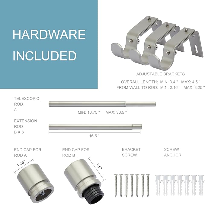 Curtain Rods for Windows 16 to 120 Inches Adjustable Length 1 Inch Diameter Window Curtain Rod with Aluminium End Cap, Brushed Nickel