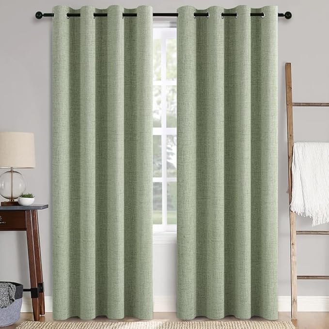MIULEE Linen Texture 90 Inches Curtains for Bedroom 100% Blackout Thermal Insulated Sage Green Curtains Grommet Room Darkening Curtains/Draperies for Living Room Nursery 52x90 Inch (2 Panels)