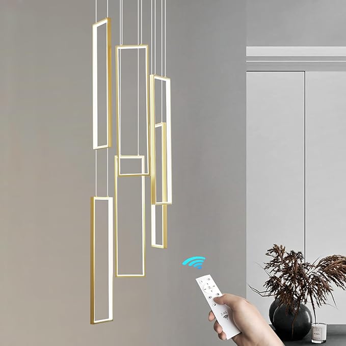 Modern Kitchen Island Dimmable Pendant Light Fixture Gold 108W LED Pendant Lights 6 Rings Rectangular Chandelier Staircase Large Chandelier Lobby Living Room Foyer High Ceiling Chandeliers