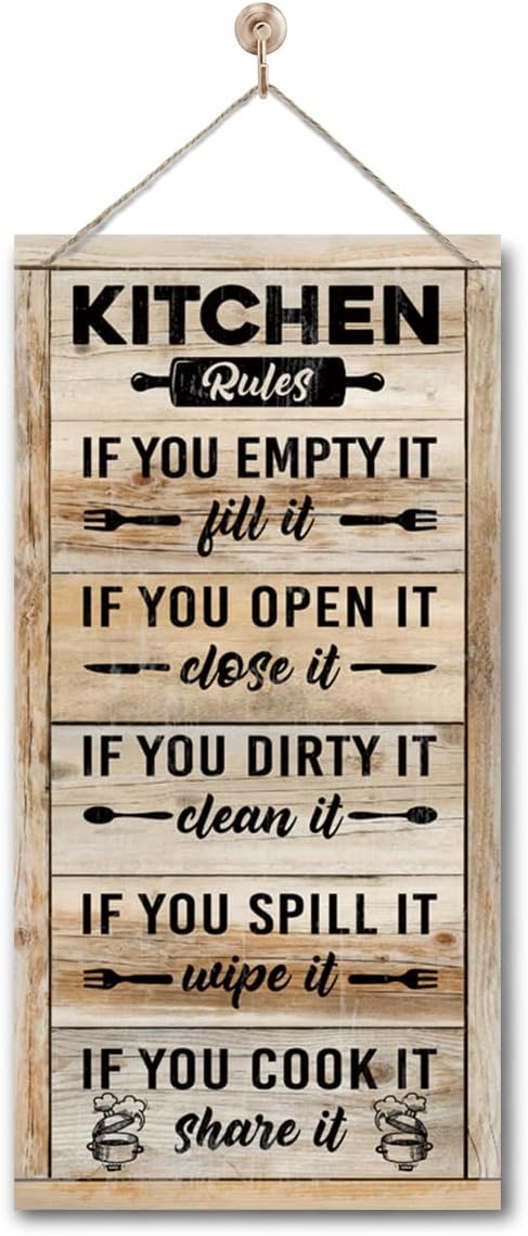 Hanging Kitchen Rules Wood Decor Sign, Rustic Kitchen Wooden Signs, Printed Wood Wall Art Sign, Kitchen Door Rules Rustic Sign, Hanging Wood Sign Kitchen Decor, Funny Farmhouse Kitchen Wall Décor E1