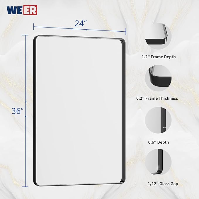 WEER Black Framed Bathroom Mirror, 24X36 Inch Rounded Rectangle Black Bathroom Mirror, Matte Black Bathroom Vanity Mirror for Wall, Anti-Rust, Tempered Glass, Hangs Horizontally or Vertically