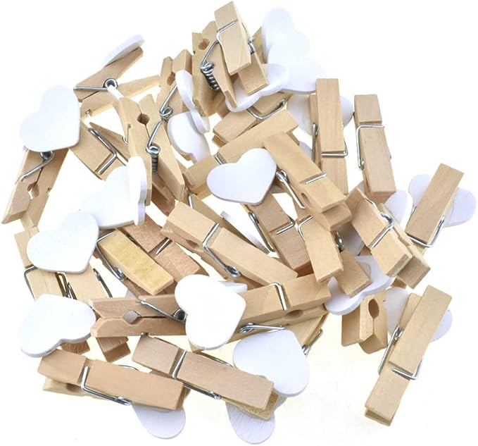 HAHIYO Heart Painted Mini Wooden Clothespin Clip Photo Paper Holders 1.38inch Tight Clamp Not Fray Rope Post Notices Handy Read for Hanging Postcard Wedding White 50PCS