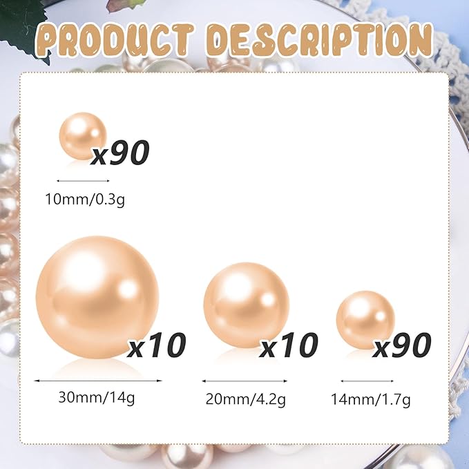 200PCS Champagne Faux Pearls Beads for Centerpiece Vases, Vase Filler Faux Pearls, No Holes Filler Beads for Party Anniversary Birthday Wedding Table Decor, 10/14/20/30mm
