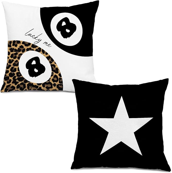 Trendy Leopard Lucky Girl 8 Ball Black Star Throw Pillow Covers 18x18, Cheetah Print Room Decor, Trendy Funky Y2K Leopard Print Decorative Pillow Covers for Girls Room Dorm Apartment, Set of 2