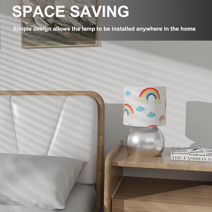 Set of 2 Silver Small Bedside Table Lamps with Rainbow Cloud Pattern Shades (Bulb Included)