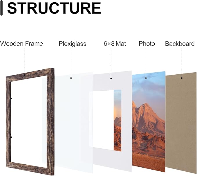 Vittanly 9x12 Picture Frames Set of 9, Shatter Resistant Plexiglass, Display 6x8 Pictures with Mat or 9x12 without Mat, Photo Frames for Wall or Tabletop, Engineered Wood, Brown