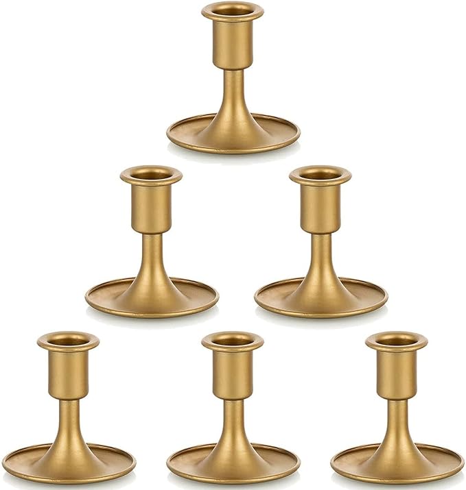Gold Taper Candle Holder Set of 6, Hewory Short Skinny Brass Candlestick Holders, Vintage Small Low Metal Candles Sticks for Wedding Centerpieces Christmas Birthday Party Holiday Dinning Table Decor