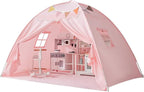 Sumbababy Toddler Bed Tent Canopy: Lights & Flags Indoor Floor Kids Play Tent Playhouse - Portable & Foldable Twin Bunk Bed Curtains - Twin Bed Tent for Girls Gifts (Pink)
