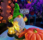 Solar Gnome Outdoor Garden Fall with Solar Lantern - 11’’Halloween Autumn Welcome Gnomes Decorations for Yard Patio (Green & White)