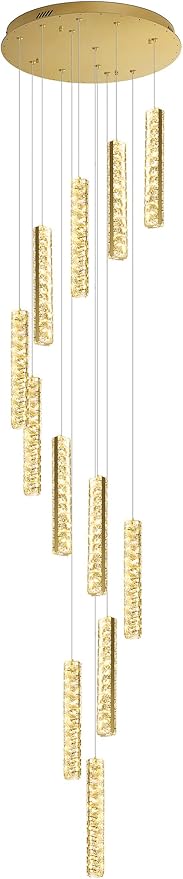 Long Spiral Crystal Chandelier Lighting for Foyer 12-Light Gold Staircase Chandelier High Ceiling Slopped LED Dimmable 2700K-6000K