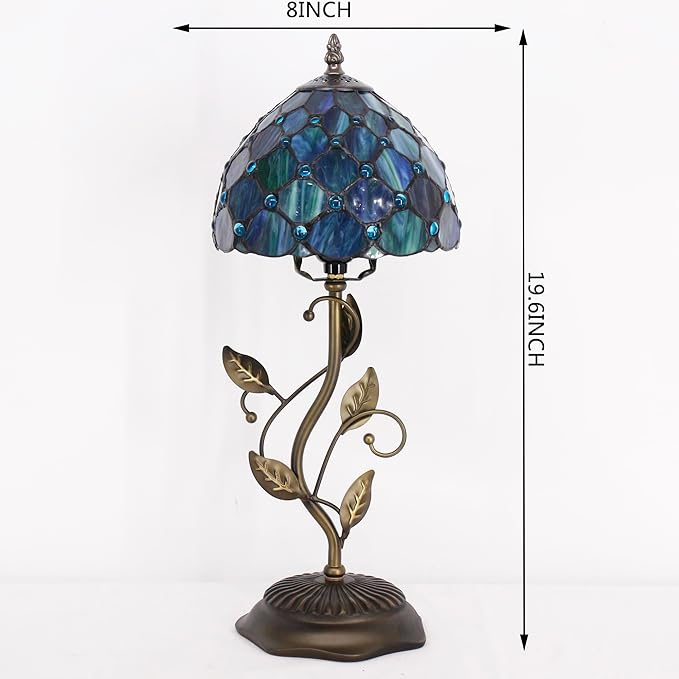 Small Tiffany Lamp Sea Blue Pearl Style Stained Glass Table Lamp Metal Leaf Accent Desk Memory Lamp Sympathy 8X20 Inch