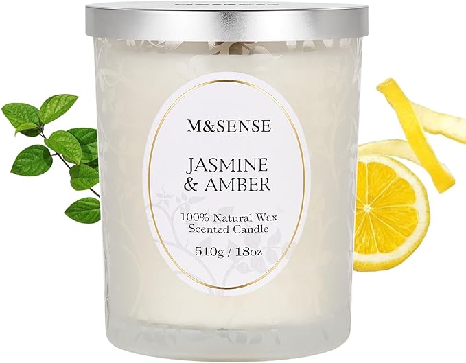 M&SENSE Jasmine Amber Candle, Cracking Wooden Wick Soy Wax, 18oz 100 Hours Long Lasting Clean Burn, Large Jar Candles for Home Scented, Non-Toxic Relaxing Aromatherapy Gifts for Women