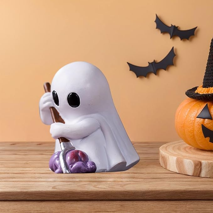 Halloween Ghost Figurine with Holding Fork, Funny Mini Resin Ghost Statue Halloween Decor for Bookshelf, Terrace, Bedroom,Porch and Tabletop