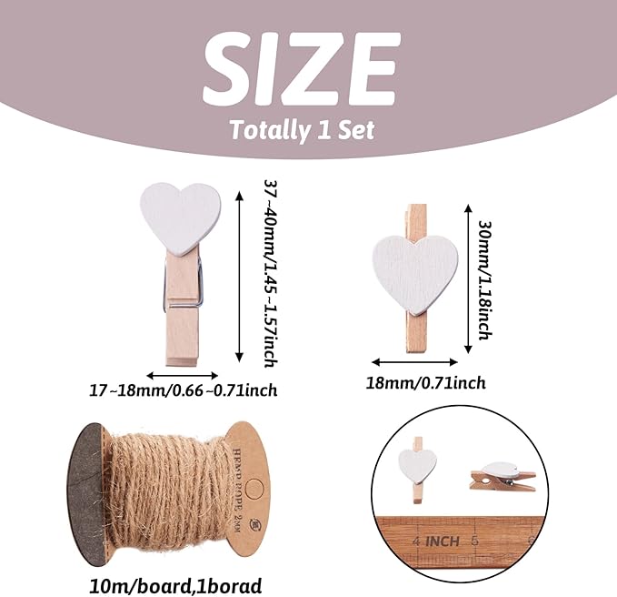 Pandahall 100pcs White Heart Clothespins Wooden Photo Paper Peg Pin Craft Clips with 10.9 Yards Natural Jute Twine for Paper Photo Display Hanging Home Party Wedding Decoration