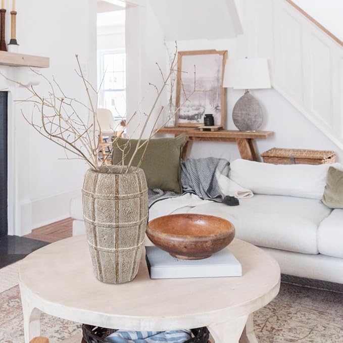 Briful Rustic Terracotta Flower Vase for Home Decor 12" Brown Farmhouse Textured Barrel-Style Ceramic Vase Vintage Handcrafted Gridded Design for Faux & Dried Flowers Living Room Table Centerpiece