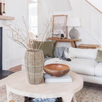 Briful Rustic Terracotta Flower Vase for Home Decor 12" Brown Farmhouse Textured Barrel-Style Ceramic Vase Vintage Handcrafted Gridded Design for Faux & Dried Flowers Living Room Table Centerpiece