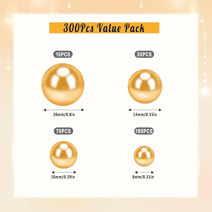 300Pcs Pearl Vase Filler, Gold No Hole Faux Pearl Beads for Centerpieces Vases, Candle Centerpieces, Wedding Birthday Party Home Decor 8/10/14/20mm