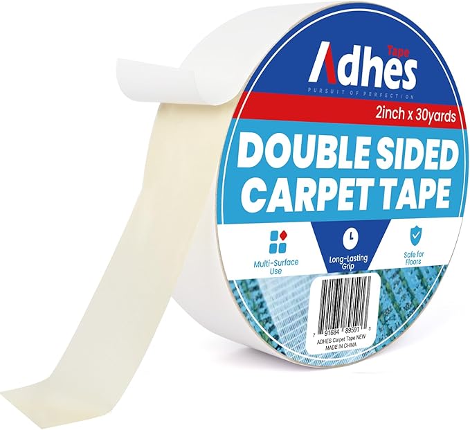 ADHES Double Sided Carpet Tape for Area Rugs – 2 Inch x 30 Yards, Heavy Duty Adhesive, Residue-Free, Rug Tape Gripper for Hardwood Floors, Tile, and Carpeted Surfaces – Easy to Apply