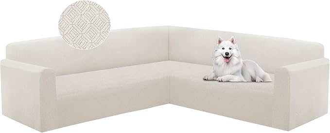HDCAXKJ Sectional Couch Cover L Shape Stretch Sofa Covers Washable Jacquard Corner Couch Slipcover Non Slip Sectional Slip Cover U Shaped Furniture Protector for Pets Dogs (White, Small)
