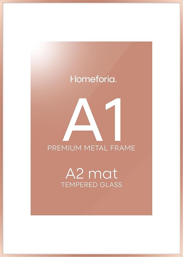 Homeforia A1 Poster Frame Rose Gold, High End Metal A1 Large Picture Frames with Mat A2 Photo, 23.4 x 33.1 Frames Matted to 16.5 x 23.4 Print, 23.4x33.1 Thin Frames, Tempered Glass, Wall Kit, Set of 1