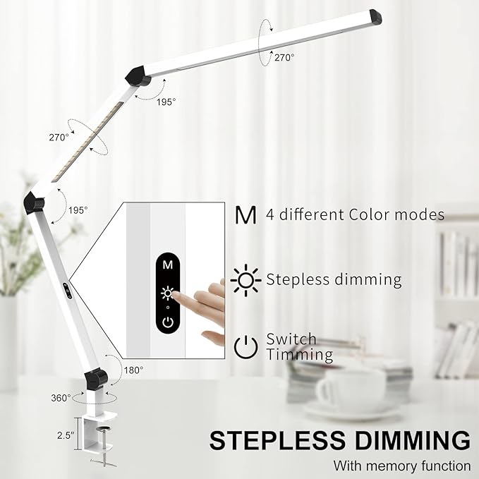 LED Desk Lamp with Clamp, Dual Light Table Lamp with Adjustable Swing Arm, Eye-Care 4 CCT Modes & 5 Brightness Levels Clip-on Architect Modern Desk Light for Home Office Crafting Sewing