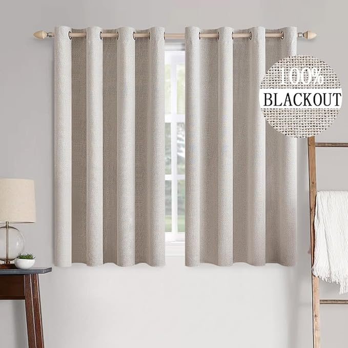 MIULEE 100% Blackout Linen Textured Curtains for Bedroom Solid Thermal Insulated Ivory Grommet Room Darkening Curtains & Drapes Luxury Decor for Living Room Nursery 52 x 54 Inch (2 Panels)