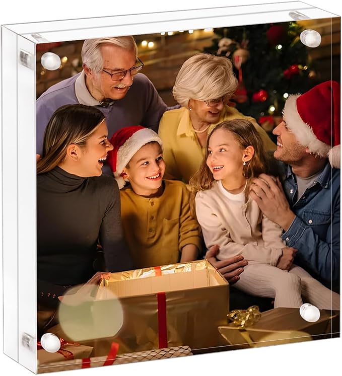 Acrylic Picture Frame 8x8, Clear Double Sided Frameless Photo Frame with Magnetic, Free Standing Desktop Acrylic Frame Display, Lucite Frame with Gift Box Package, 12+12mm Thickness - 1 Pack
