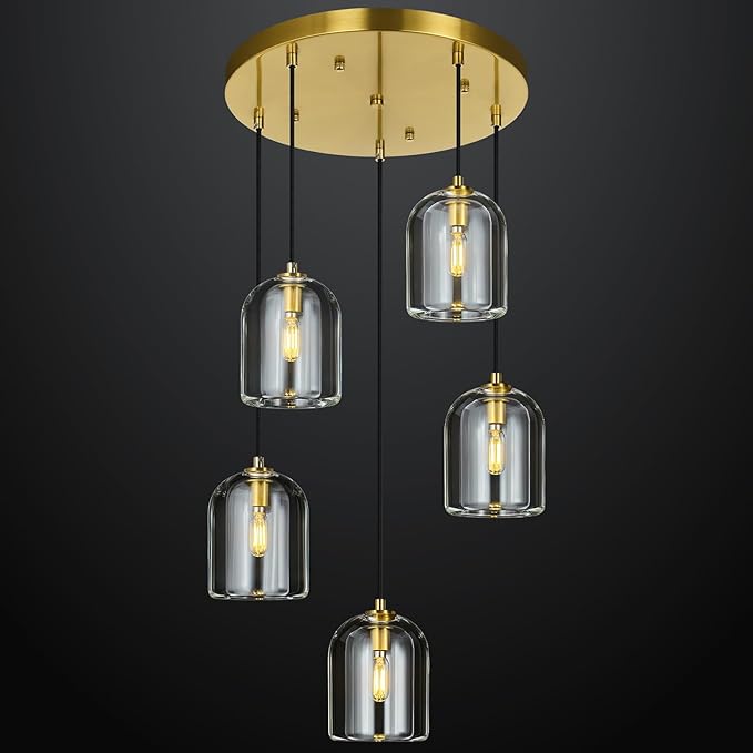 Modern Gold Pendant Lights Kitchen Island Ceiling Chandelier Indoor Crystal Hanging Light Fixtures for Dining Room Kitchen Living Room Bedroom（5Light）