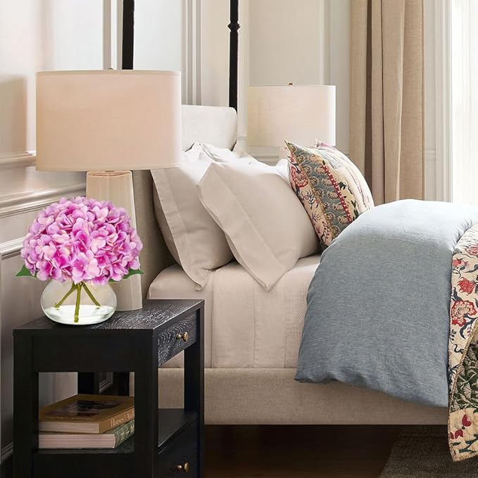 Hollyone Hydrangea Artificial Flowers with Glass Vase Purplish Pink Silk Faux Flowers Arrangements in Vase with Faux Water Fake Floral Bulk Bouquet for Home Decor Table Centerpiece Decorations