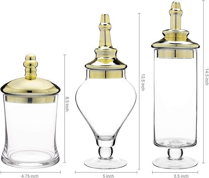 MyGift 3 Piece Set Antique Clear Glass Bathroom Apothecary Jars with Lid, Wedding Centerpiece, Kitchen Storage Jars with Metallic Brass-Tone Lids