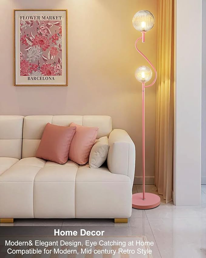 Lightdot Pink Floor Lamp, Mid Century Tall Standing Lamps with Globe Clear Glass Shade Soft Warm White Eye Care 3000K Bulbs Included, Modern Unique Floor Lamp for Living Room Bedroom