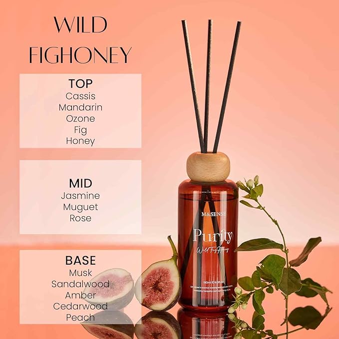 M&SENSE Wild Fig Honey Reed Diffuser: 6.3 fl oz Fig & Lotus Scented Aroma Set with Light & Subtle Fragrance, Long-Lasting Non-Toxic Natural Essential Oil Diffuser for Office Shelf Decor Small Spaces