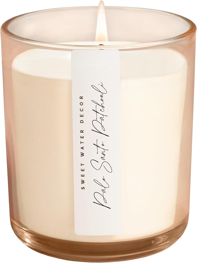 Sweet Water Decor Palo Santo Patchouli Scented Soy Candles – Vanilla, Sandalwood, Musk, and Earthy Palo Santo – Cozy Aroma – 50 Hour Burn – 12oz Tinted Glass Jar for Home Decor and Bedroom Decor