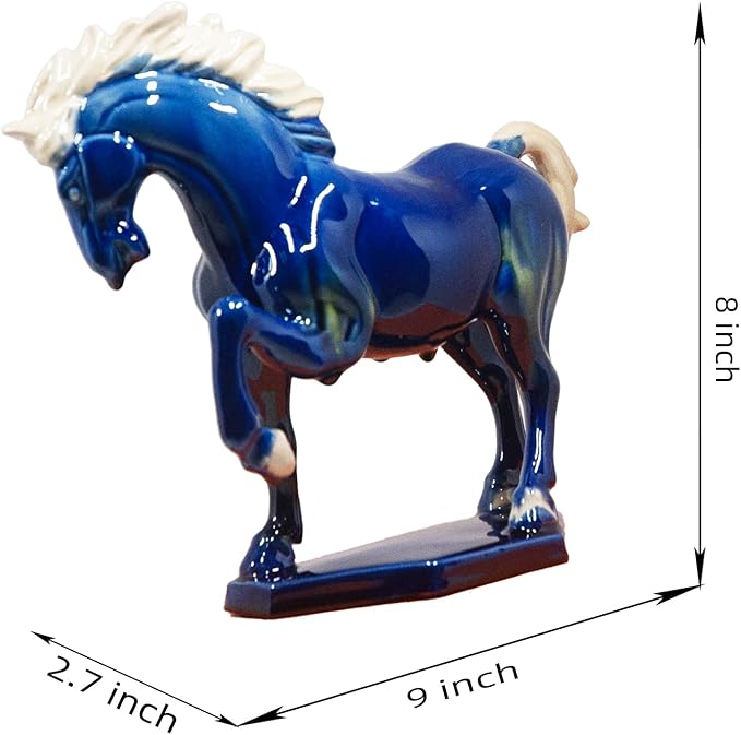Ceramic Horse Sculpture -8 inch Hand Made Tri-Color Cultural Art Piece,Museum Collection Inspired Home and Office Decor (Blue)