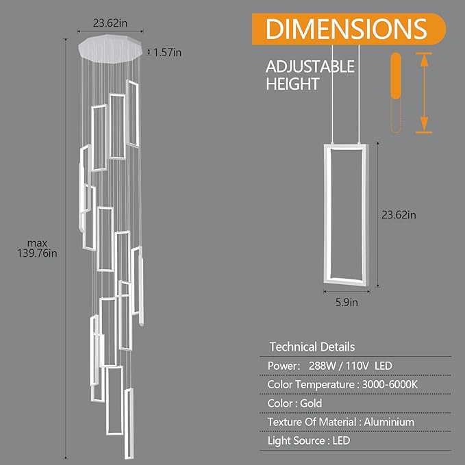 Modern Adjustable Height Pendant Light Fixture White 288W LED Pendant Lights 16 Rings Rectangular Chandelier Staircase Large Chandelier Lobby Living Room Foyer High Ceiling Chandeliers
