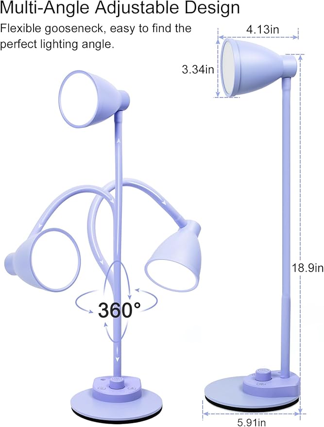 BOHON LED Desk Lamp with USB Charging Port, 3 Color Modes Fully Dimmable Reading Lamp, Auto Dimming Task Lamp, Flexible Gooseneck Table Light for Office Dorm Bedside, Adapter Include, Lilac Purple
