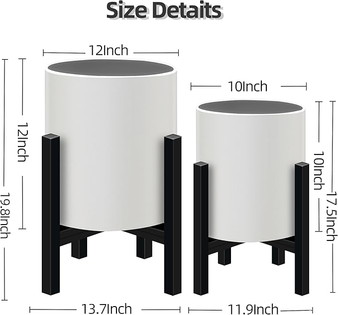 Plant Pot with Stands Set of 2, Mid Century Planters for Indoor Plants Modern Decorative Flower Pots for Balcony, Office, Living Room or Garden with Drainage Plug, 12 inch & 10 inch