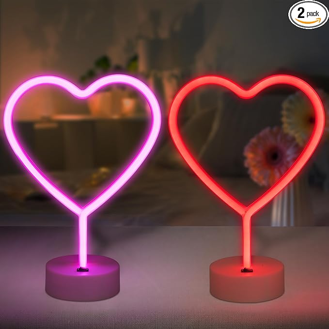 BRIGHTDECK 2 Pack Heart Neon Signs, LED Pink Lights Battery Operated or USB Powered Decoration Lamp, Neon Lights Heart Decor for Valentine's Day Gifts, Wedding, Party, Pink Room Decor