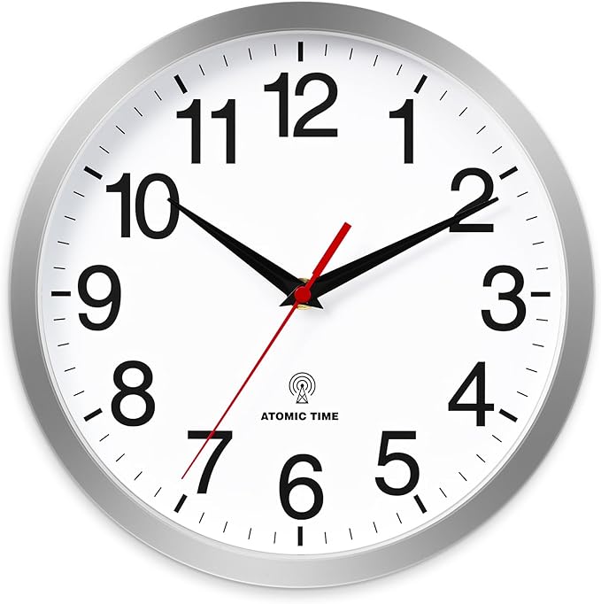 Atomic Wall Clock Modern 12 Inch Battery Operated Silent Non Ticking Analog Clock Decorative for Bedroom Kitchen Bathroom Office Home Living Room (Silver)