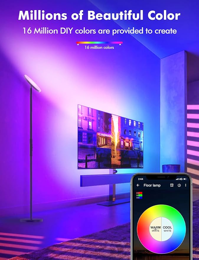 YHW Smart RGB LED Floor Lamp Works with Alexa Google Home, WiFi Remote Modern Tall Standing Light, Super Bright 2000LM Color Changing & Dimmable Sky Torchiere for Living Room, Bedroom (Black)