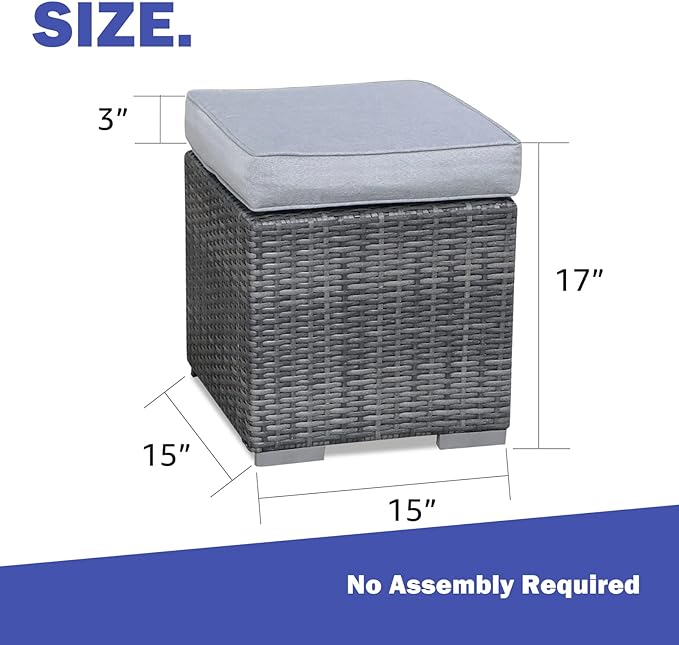 Patiorama 2 Pieces Assembled Outdoor Patio Ottoman, Indoor Outdoor All-Weather Grey Wicker Rattan Outdoor Footstool Footrest Seat with Light Grey Cushions, No Assembly Required