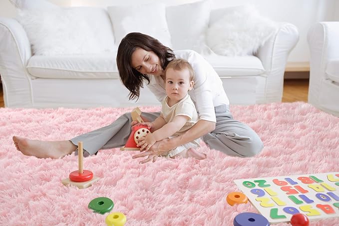CAIYUECS Pink Area Rug for Girls Bedroom,Fluffy Shag Rugs for Living Room, 4x6 Feet Non-Slip Modern Furry Faux Fur Rugs for Nursery Kids Room,Fuzzy Plush Rug for Dorm Home Decor
